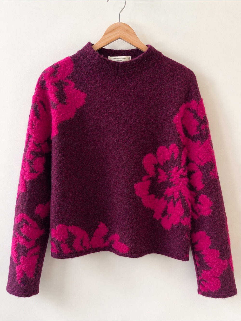 Anthropologie Plum Crewneck Sweater with Fuchsia Floral Motif